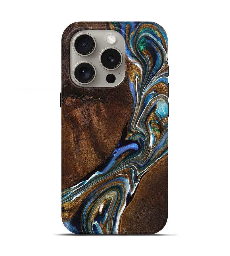 iPhone 16 Pro Wood+Resin Live Edge Phone Case - Yvette (Teal & Gold, 720753)