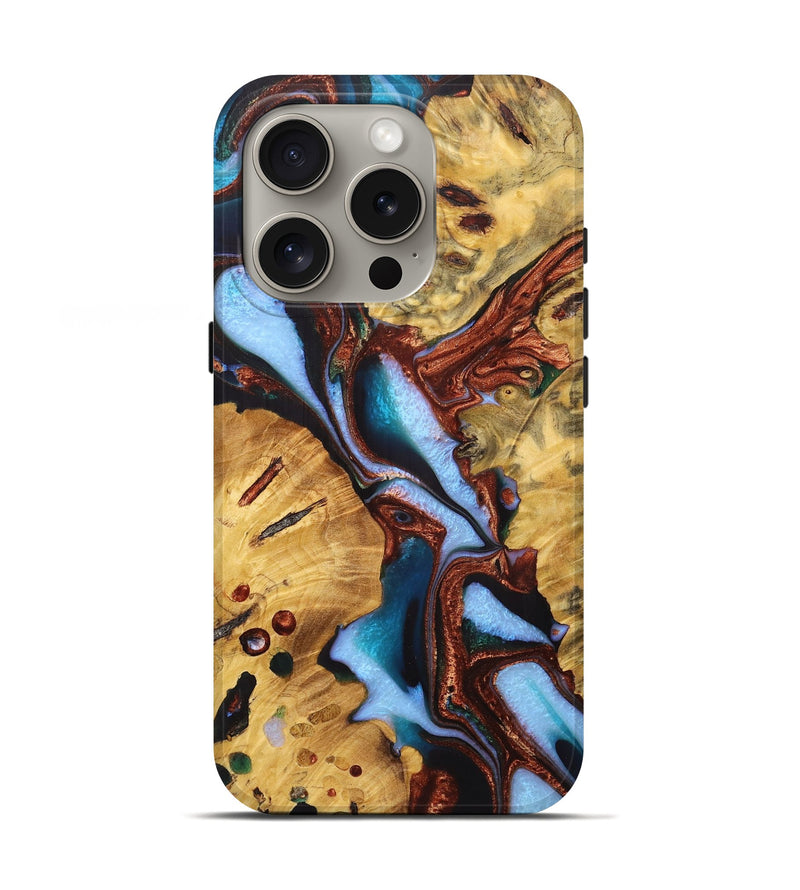 iPhone 16 Pro Wood+Resin Live Edge Phone Case - Larry (Teal & Gold, 721201)