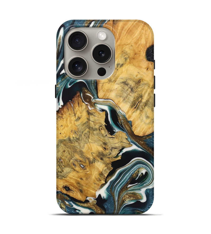 iPhone 16 Pro Wood Live Edge Phone Case - Therese (Teal & Gold, 723602)
