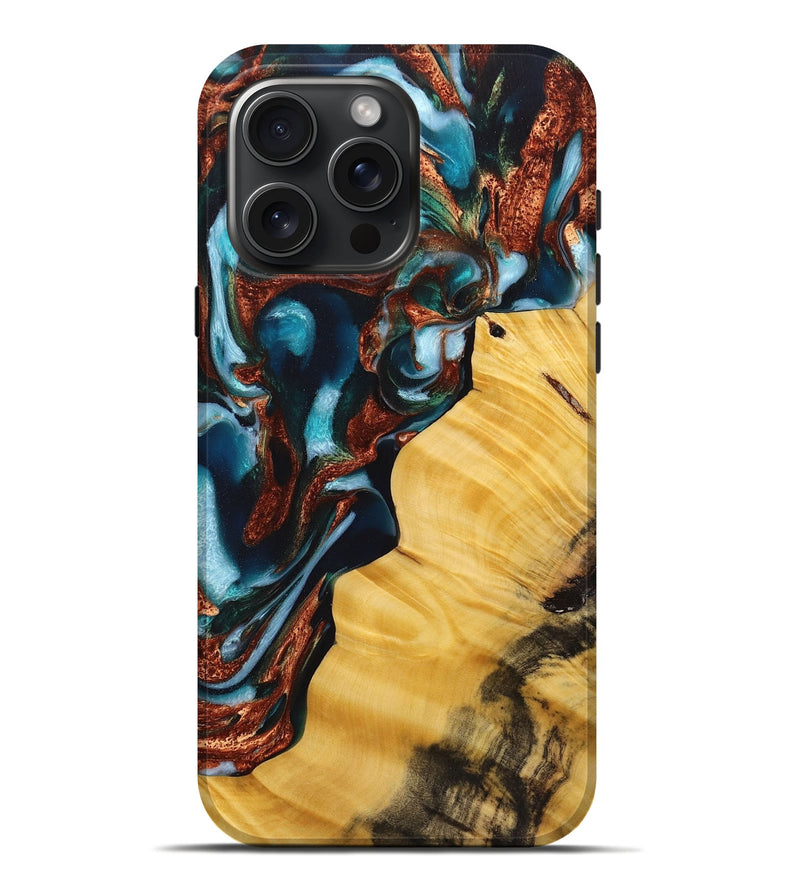 iPhone 16 Pro Max Wood Live Edge Phone Case - Flora (Teal & Gold, 724115)