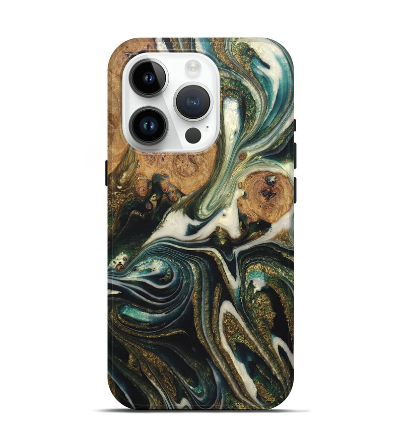 iPhone 15 Pro Wood Live Edge Phone Case - Kyla (Teal & Gold, 724264)