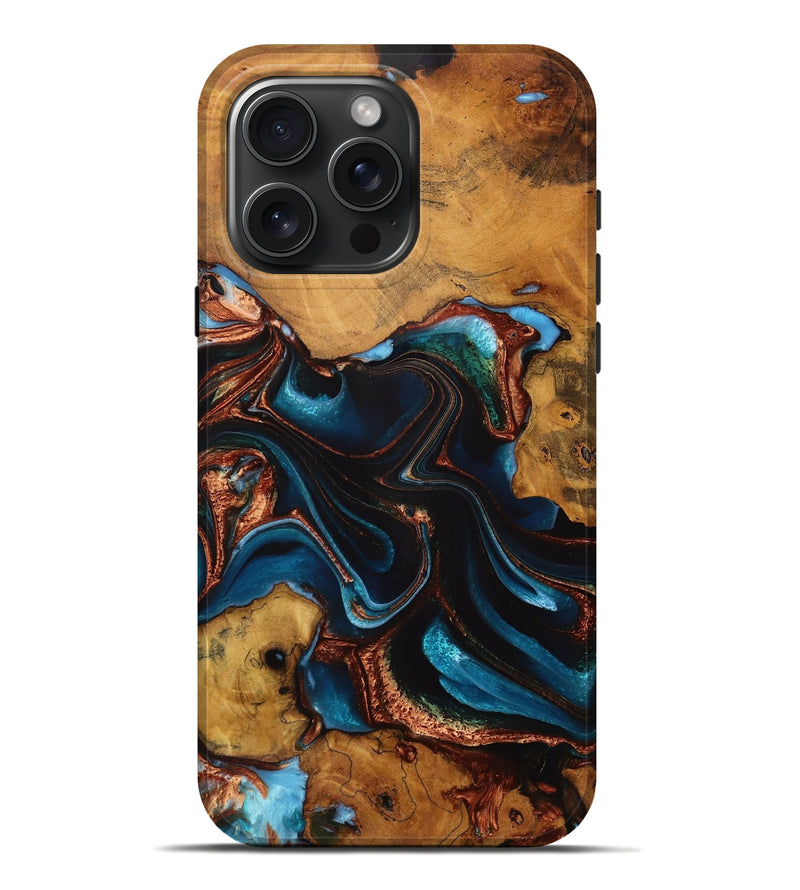 iPhone 16 Pro Max Wood Live Edge Phone Case - Meriann (Teal & Gold, 728977)