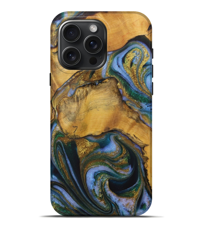 iPhone 16 Pro Max Wood Live Edge Phone Case - Parveen (Teal & Gold, 731459)