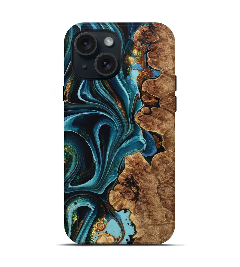 iPhone 15 Wood Live Edge Phone Case - Dove (Teal & Gold, 733078)