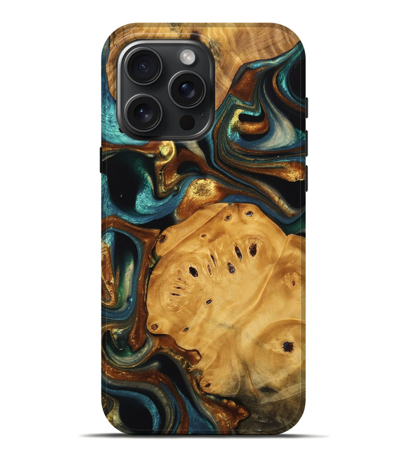 iPhone 16 Pro Max Wood Live Edge Phone Case - Jayesh (Teal & Gold, 740101)