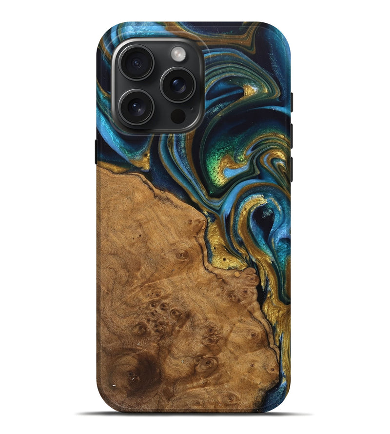 iPhone 16 Pro Max Wood Live Edge Phone Case - Diva (Teal & Gold, 744766)