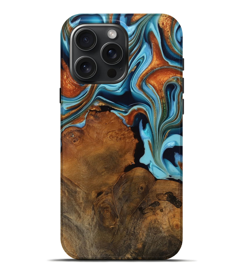 iPhone 16 Pro Max Wood Live Edge Phone Case - Elina (Teal & Gold, 750365)
