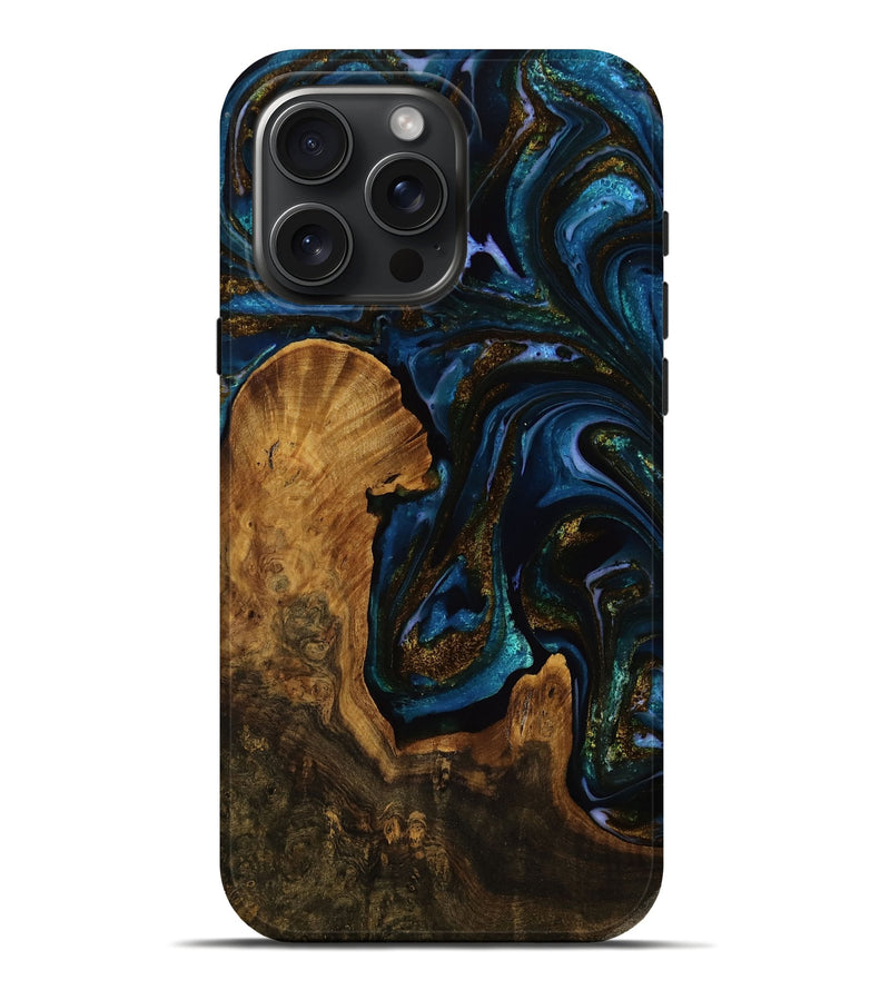 iPhone 16 Pro Max Wood Live Edge Phone Case - Sanai (Teal & Gold, 751719)