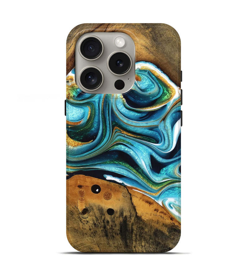iPhone 16 Pro Wood Live Edge Phone Case - Amalia (Teal & Gold, 755376)