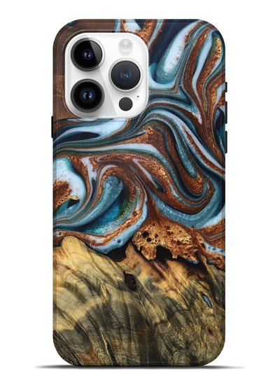 iPhone 15 Pro Max Wood Live Edge Phone Case - Gerardo (Teal & Gold, 759323)
