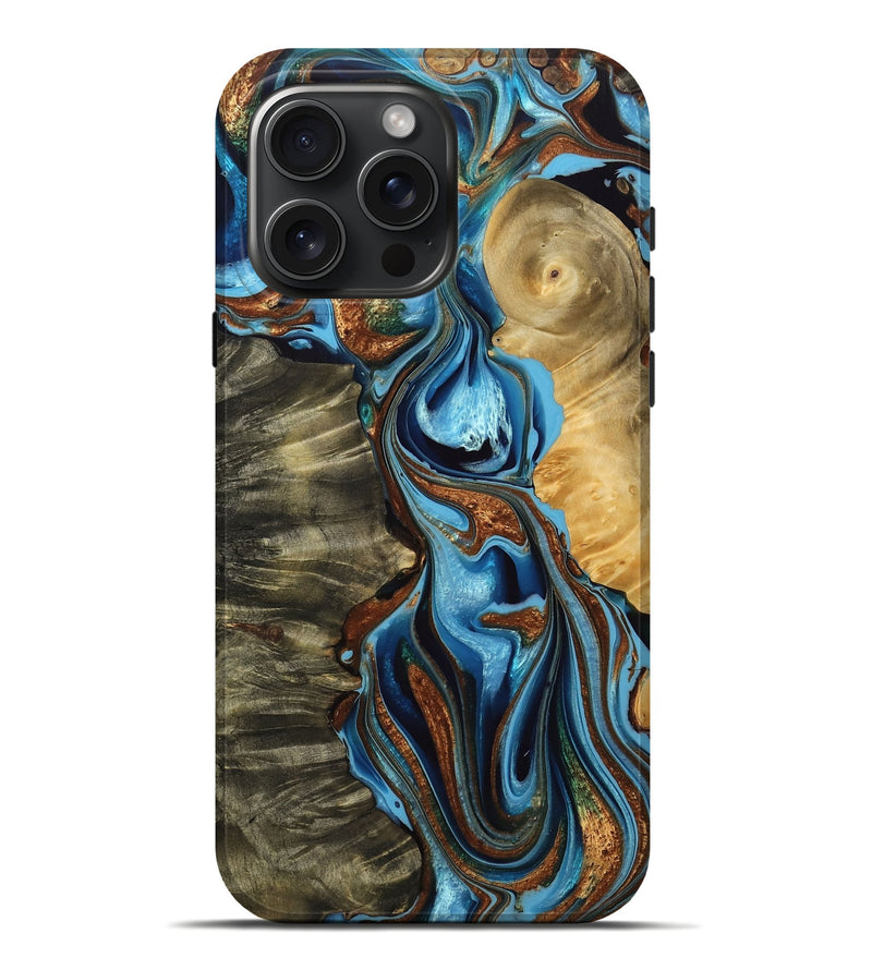 iPhone 16 Pro Max Wood Live Edge Phone Case - Nikolai (Teal & Gold, 764907)