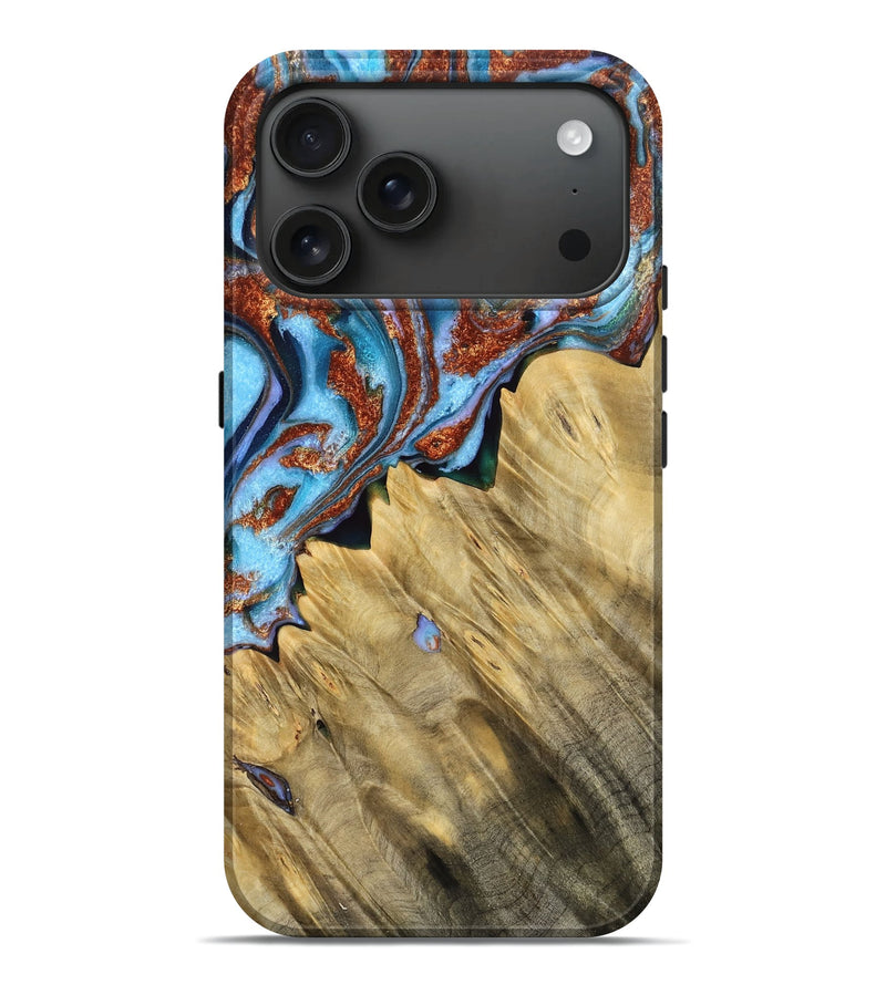 iPhone 17 Pro Max Wood Live Edge Phone Case - Lorrie (Teal & Gold, 767063)