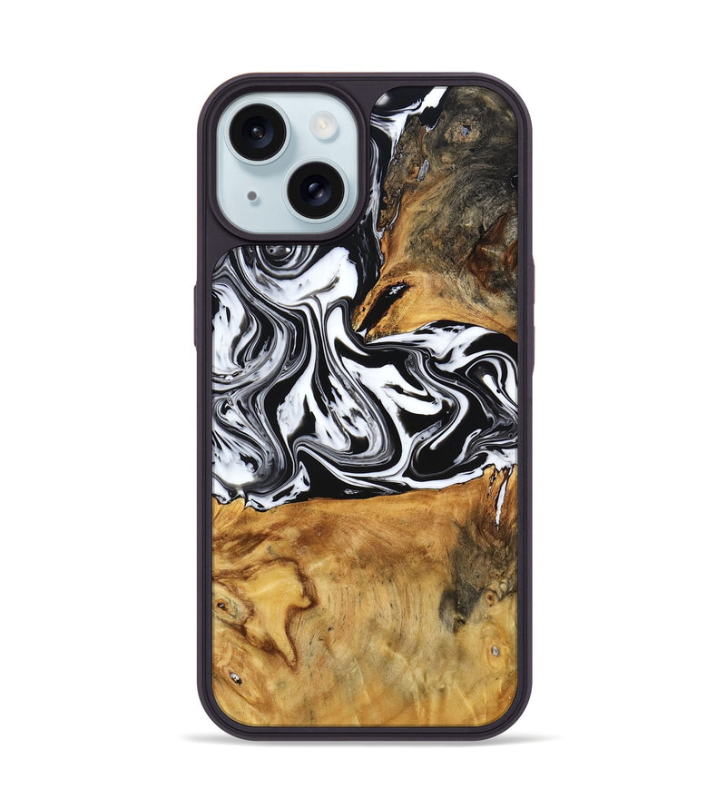 iPhone 15 Wood Phone Case - Laisha (Black & White, 777573)