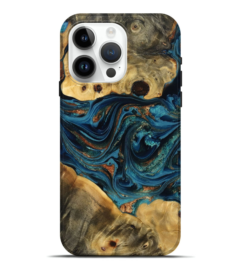 iPhone 15 Pro Max Wood Live Edge Phone Case - Deneen (Teal & Gold, 779002)