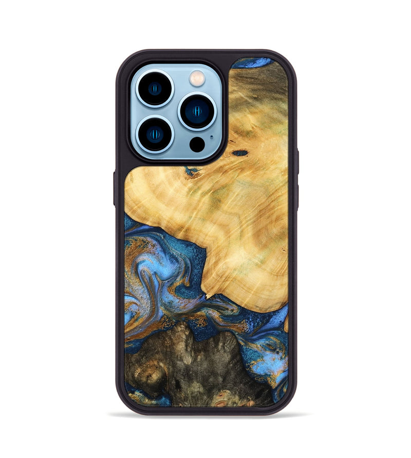 iPhone 14 Pro Wood Phone Case - Pinkie (Teal & Gold, 783603)