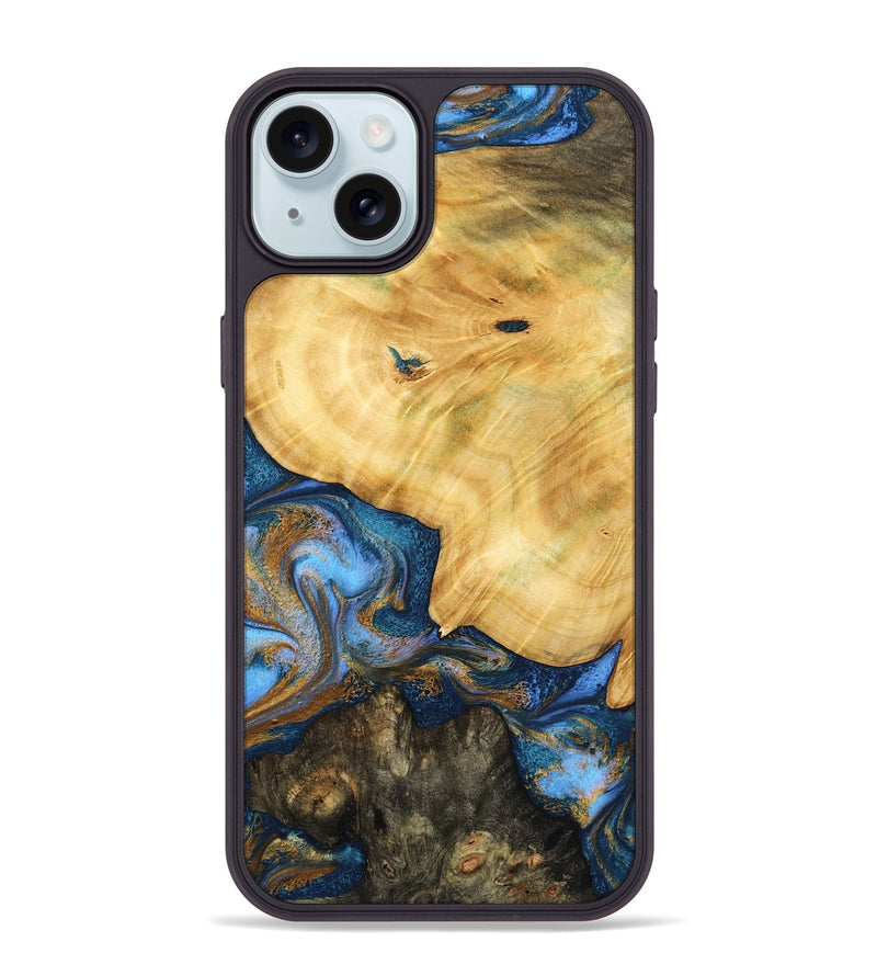 iPhone 15 Plus Wood Phone Case - Pinkie (Teal & Gold, 783603)