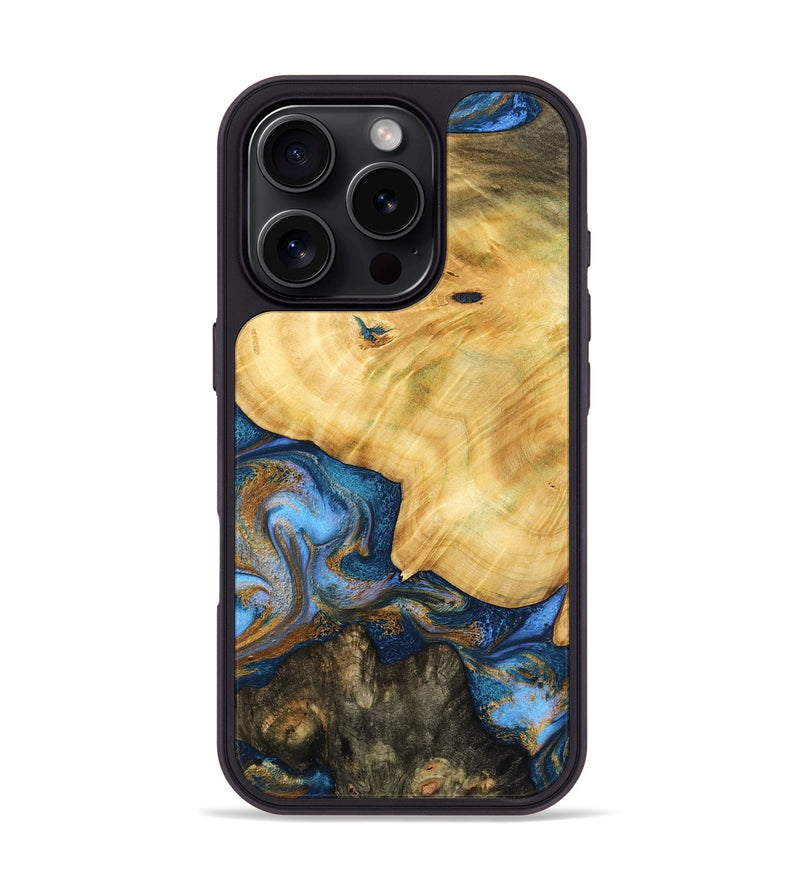iPhone 16 Pro Wood Phone Case - Pinkie (Teal & Gold, 783603)