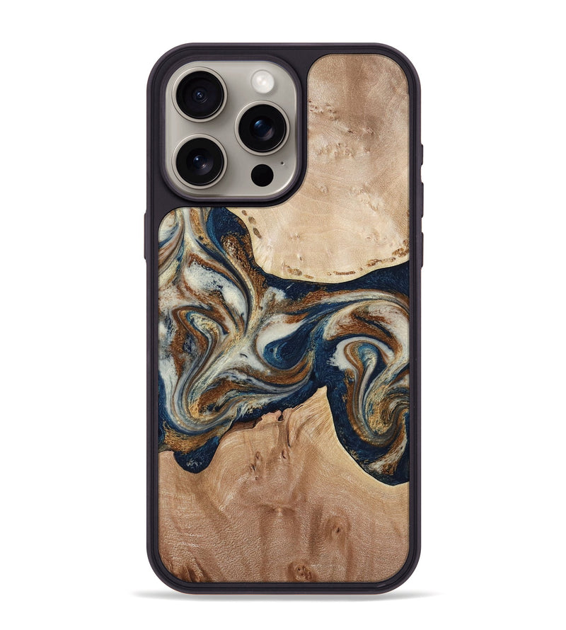 iPhone 15 Pro Max Wood Phone Case - Aaden (Teal & Gold, 784385)