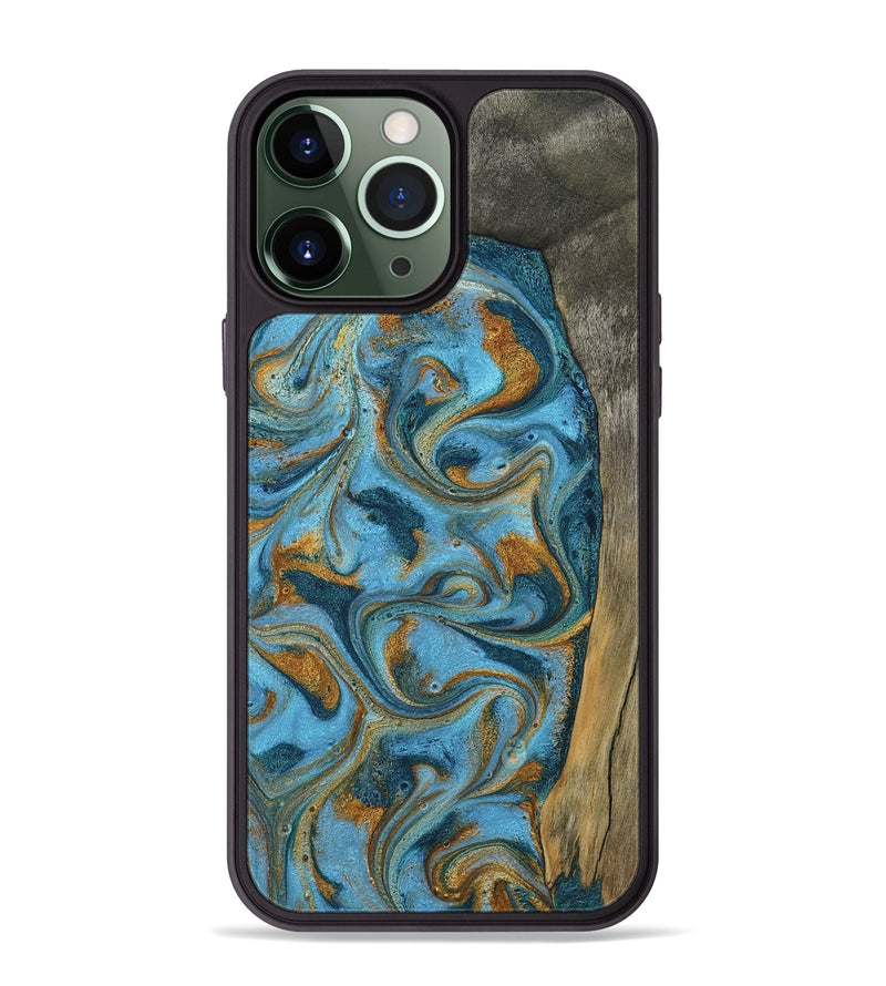 iPhone 13 Pro Max Wood Phone Case - Denisse (Teal & Gold, 784386)