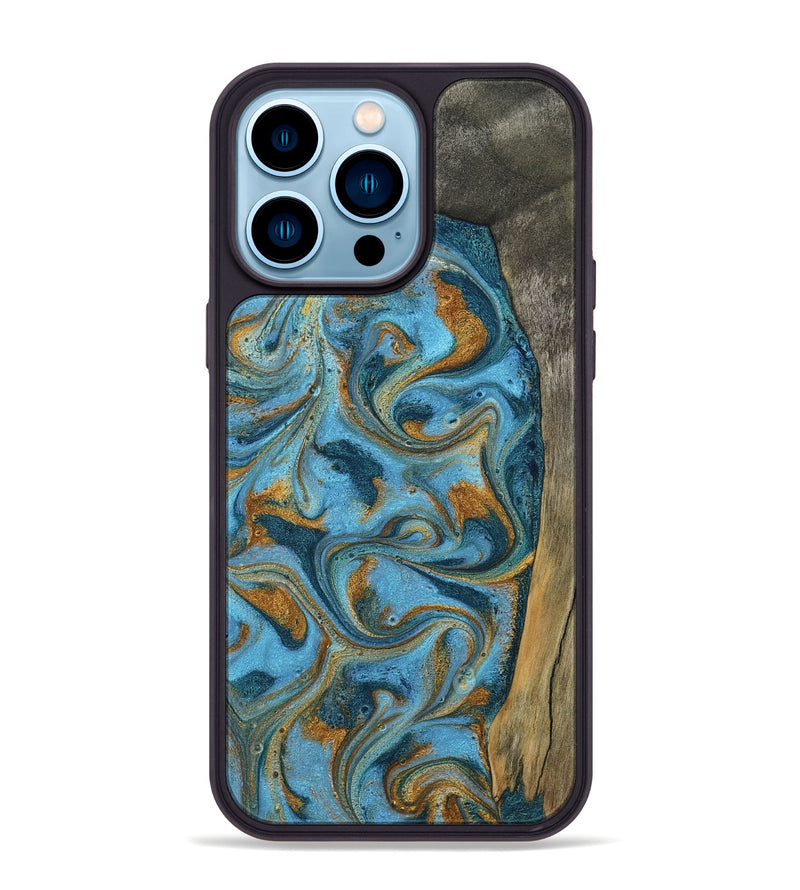 iPhone 14 Pro Max Wood Phone Case - Denisse (Teal & Gold, 784386)