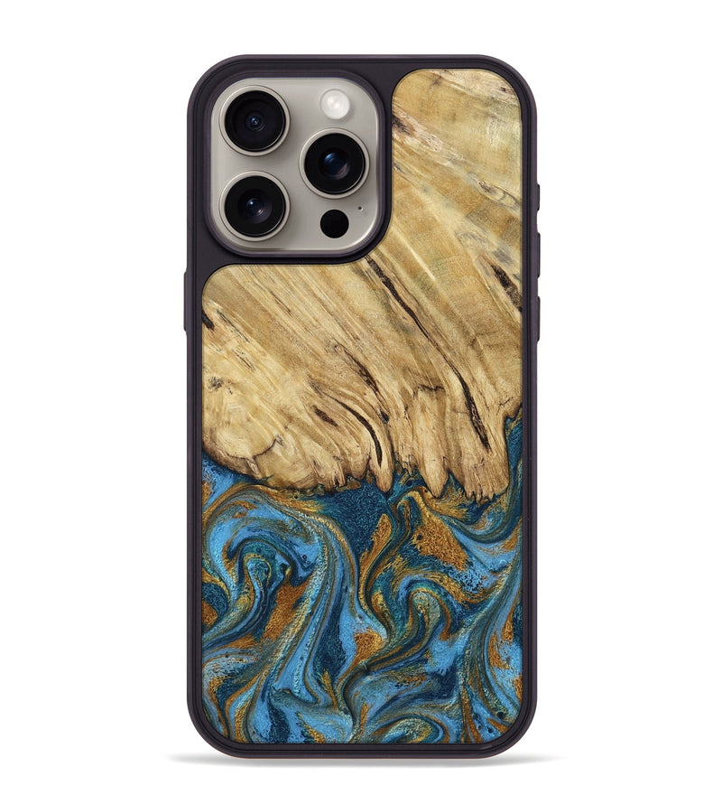 iPhone 15 Pro Max Wood Phone Case - Caspian (Teal & Gold, 785130)