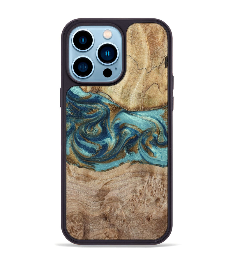 iPhone 14 Pro Max Wood Phone Case - Tyesha (Teal & Gold, 785306)
