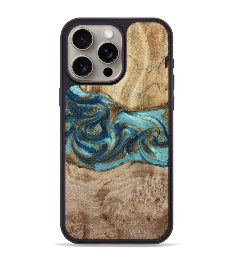 iPhone 15 Pro Max Wood Phone Case - Tyesha (Teal & Gold, 785306)
