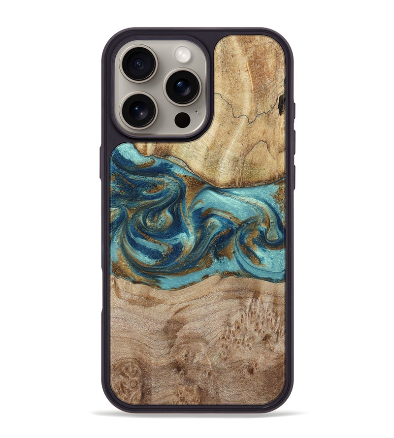 iPhone 16 Pro Max Wood Phone Case - Tyesha (Teal & Gold, 785306)