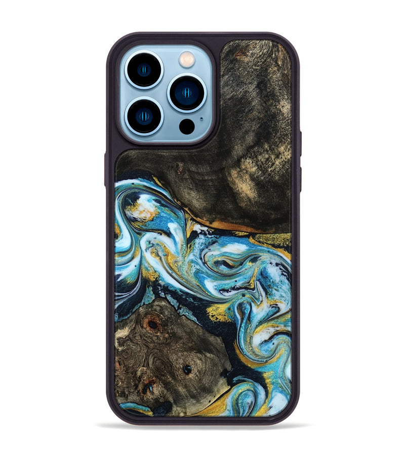 iPhone 14 Pro Max Wood Phone Case - Nanette (Teal & Gold, 785867)