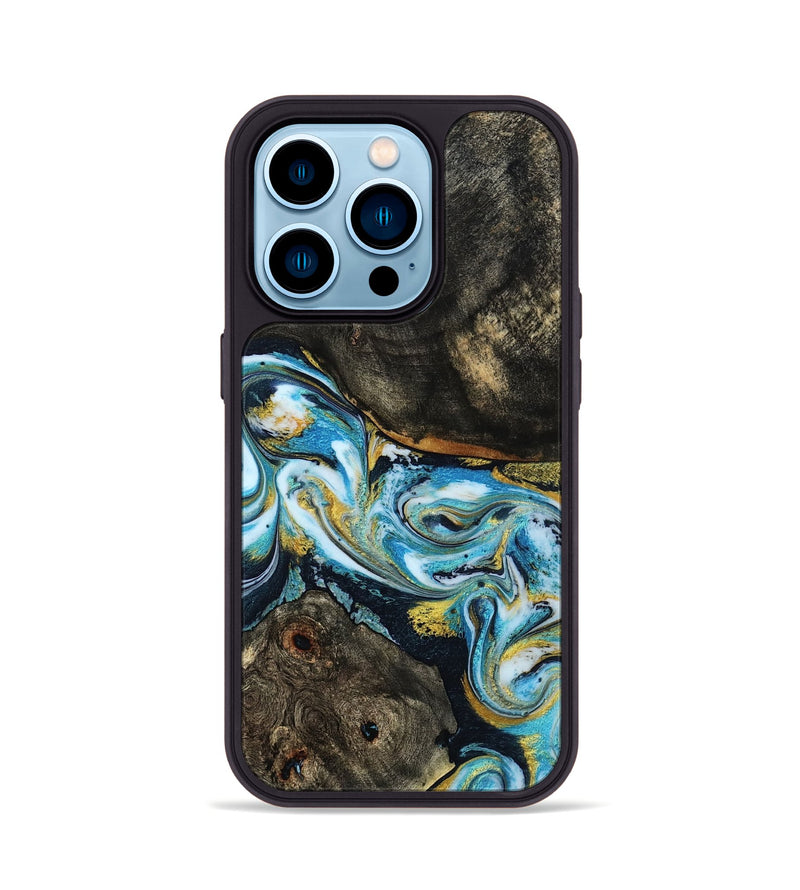 iPhone 14 Pro Wood Phone Case - Nanette (Teal & Gold, 785867)