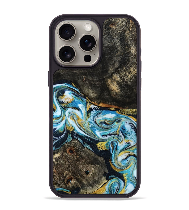 iPhone 15 Pro Max Wood Phone Case - Nanette (Teal & Gold, 785867)