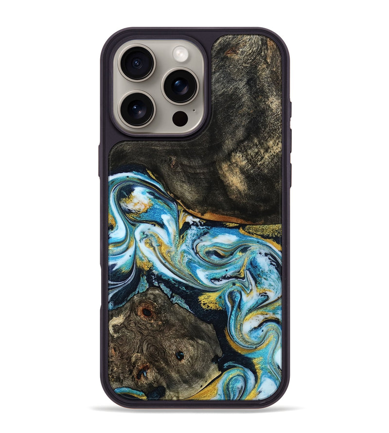 iPhone 16 Pro Max Wood Phone Case - Nanette (Teal & Gold, 785867)