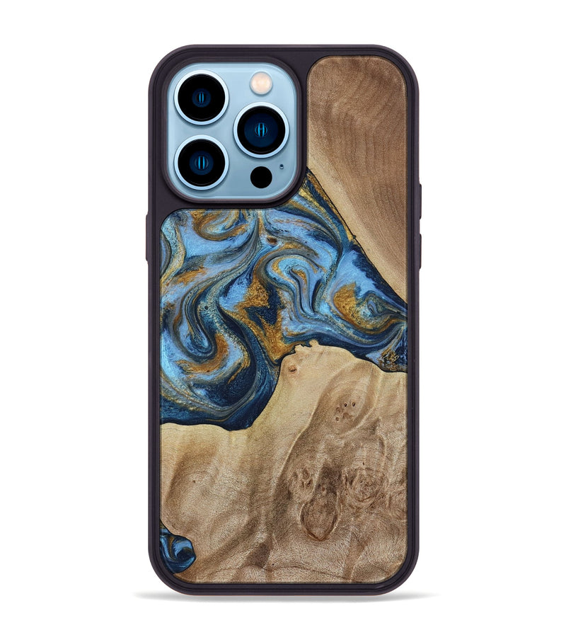 iPhone 14 Pro Max Wood Phone Case - Lon (Teal & Gold, 785877)
