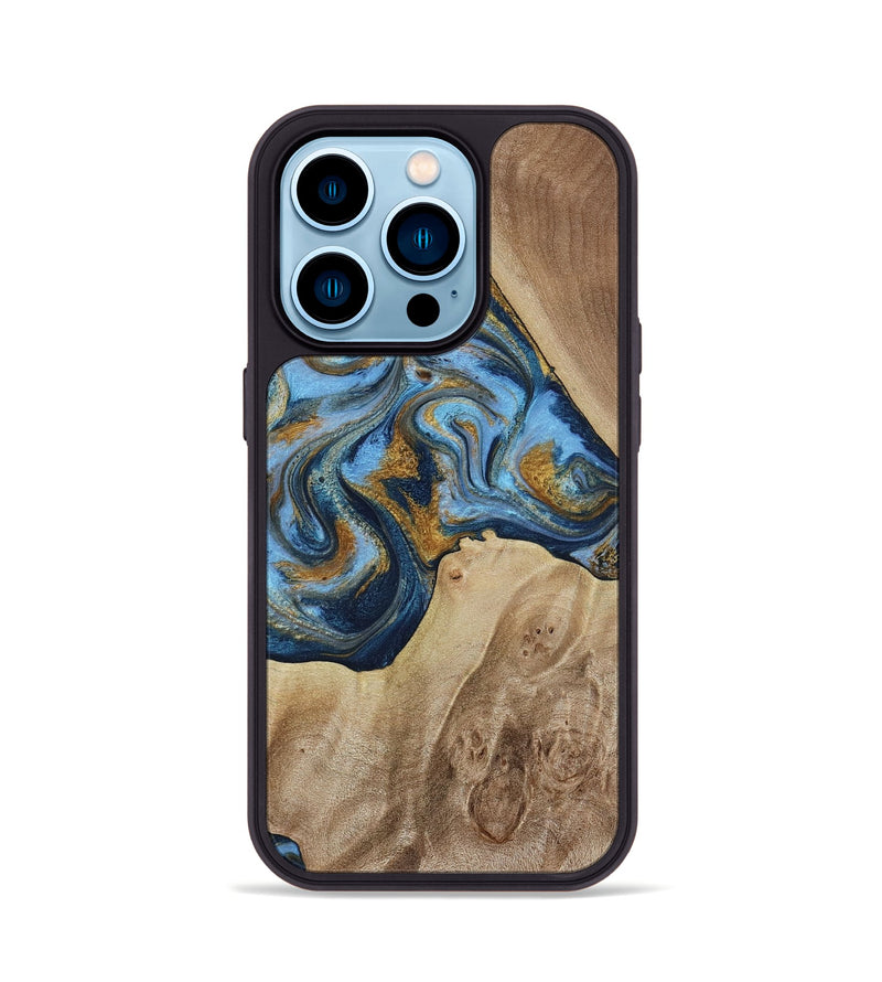 iPhone 14 Pro Wood Phone Case - Lon (Teal & Gold, 785877)