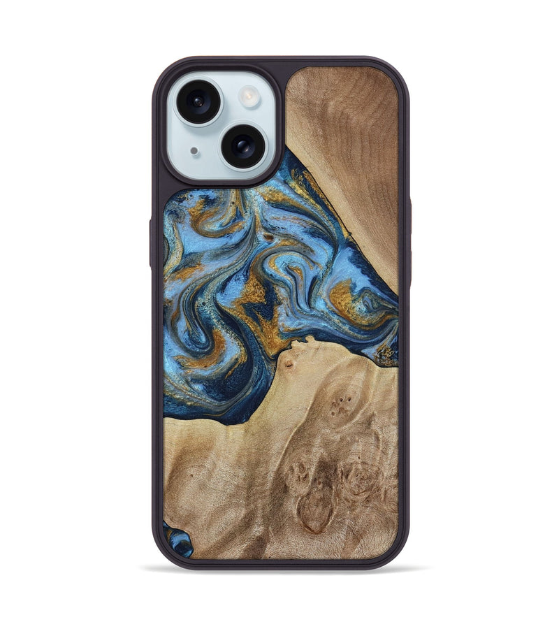 iPhone 15 Wood Phone Case - Lon (Teal & Gold, 785877)