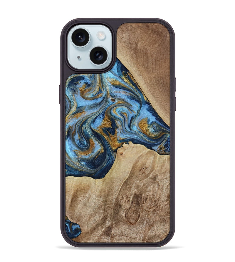 iPhone 15 Plus Wood Phone Case - Lon (Teal & Gold, 785877)