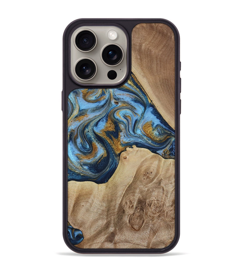 iPhone 15 Pro Max Wood Phone Case - Lon (Teal & Gold, 785877)
