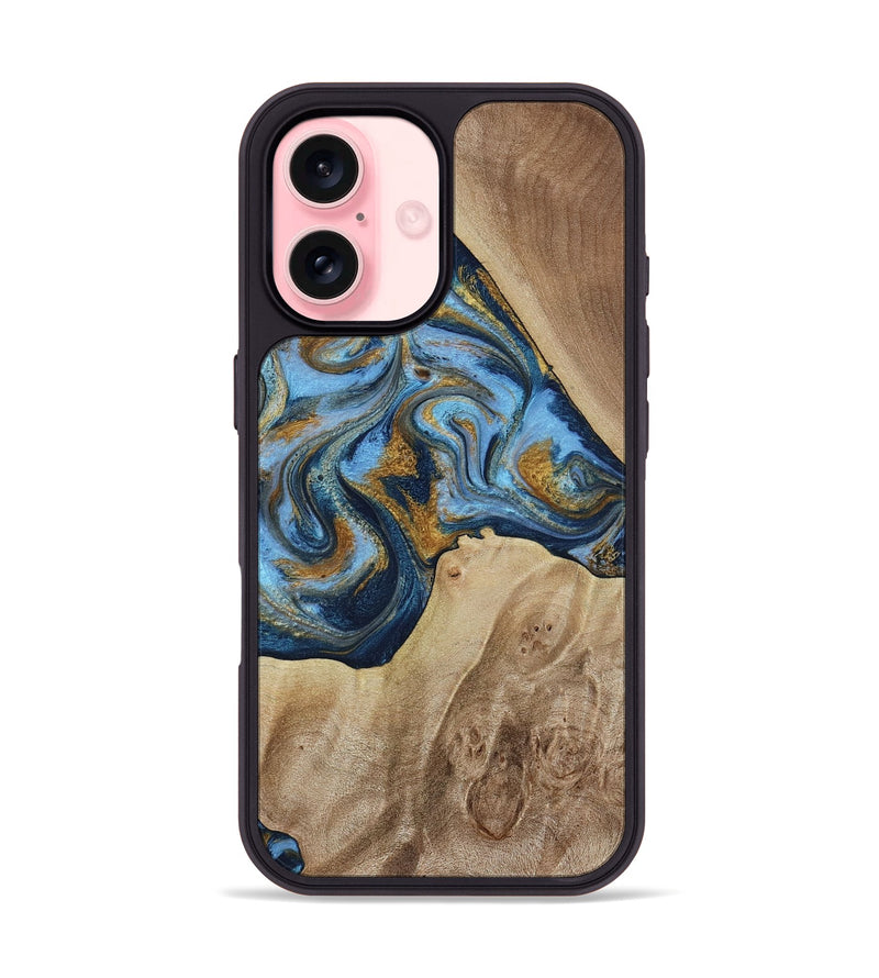 iPhone 16 Wood Phone Case - Lon (Teal & Gold, 785877)