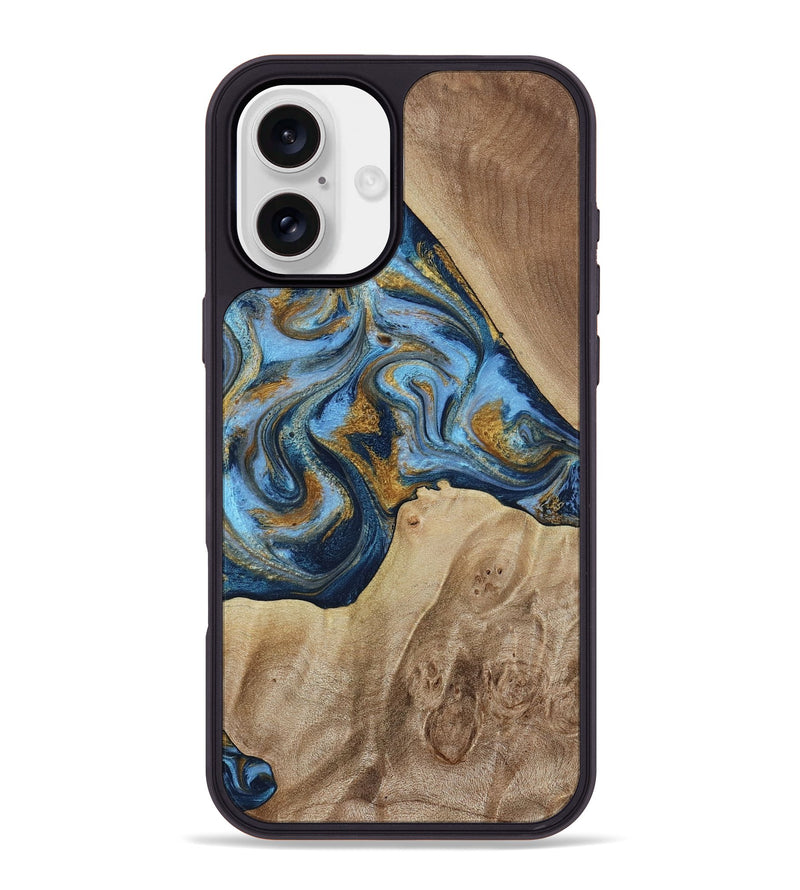 iPhone 16 Plus Wood Phone Case - Lon (Teal & Gold, 785877)