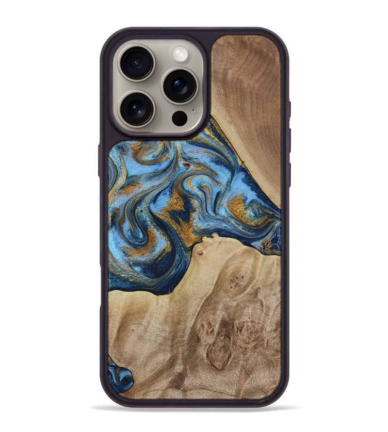 iPhone 16 Pro Max Wood Phone Case - Lon (Teal & Gold, 785877)