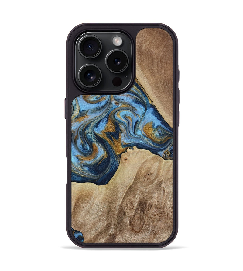iPhone 16 Pro Wood Phone Case - Lon (Teal & Gold, 785877)