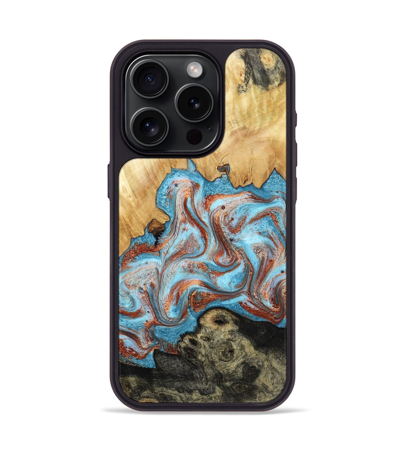 iPhone 15 Pro Wood Phone Case - Winfred (Teal & Gold, 785901)
