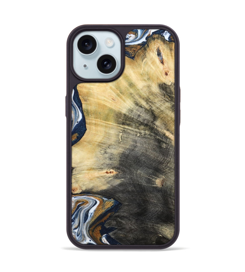 iPhone 15 Wood Phone Case - Erica (Teal & Gold, 786258)
