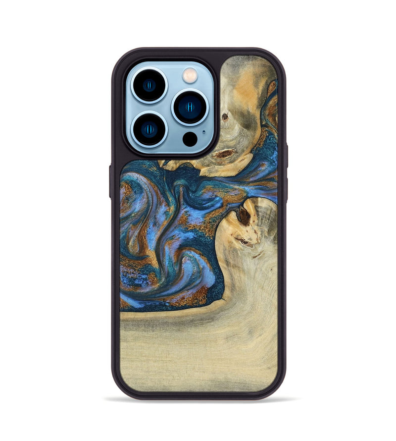 iPhone 14 Pro Wood Phone Case - Atreus (Teal & Gold, 786830)
