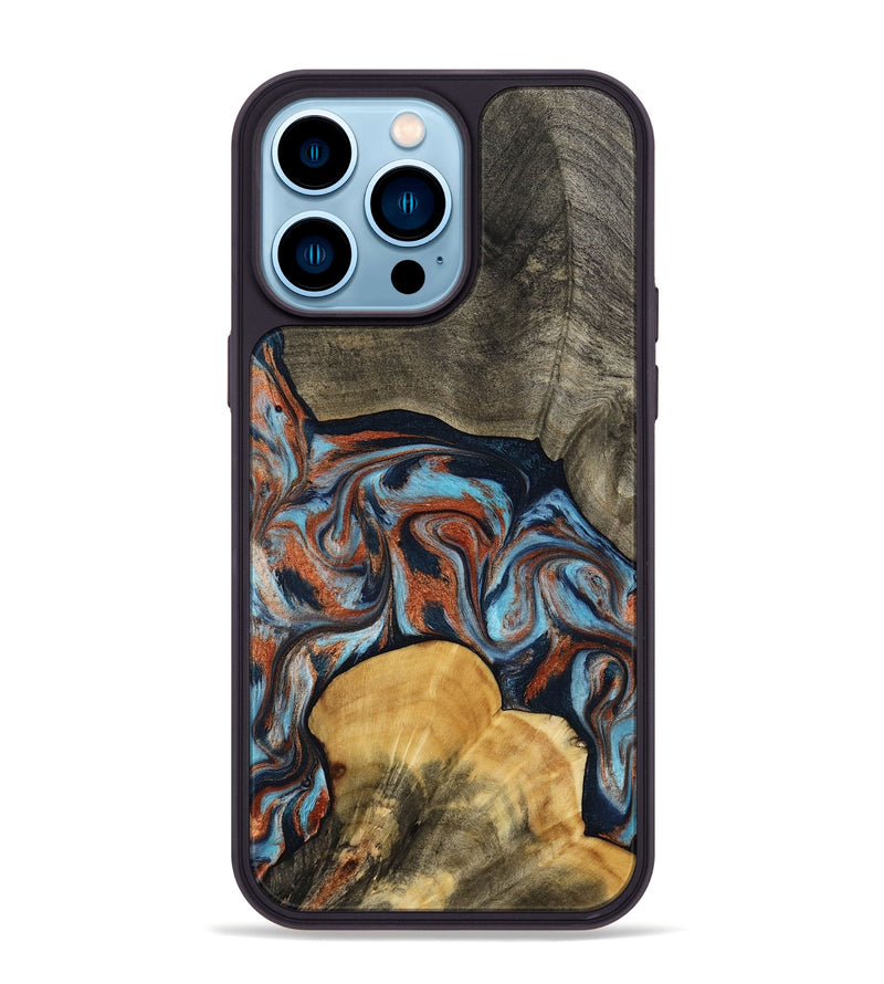 iPhone 14 Pro Max Wood Phone Case - Mertie (Teal & Gold, 787461)
