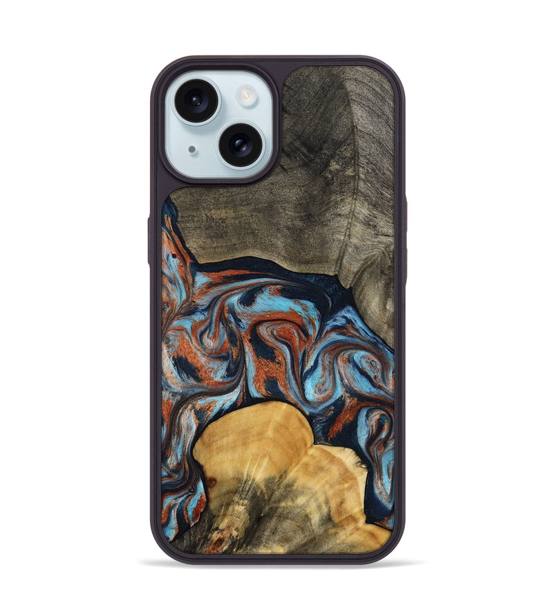 iPhone 15 Wood Phone Case - Mertie (Teal & Gold, 787461)
