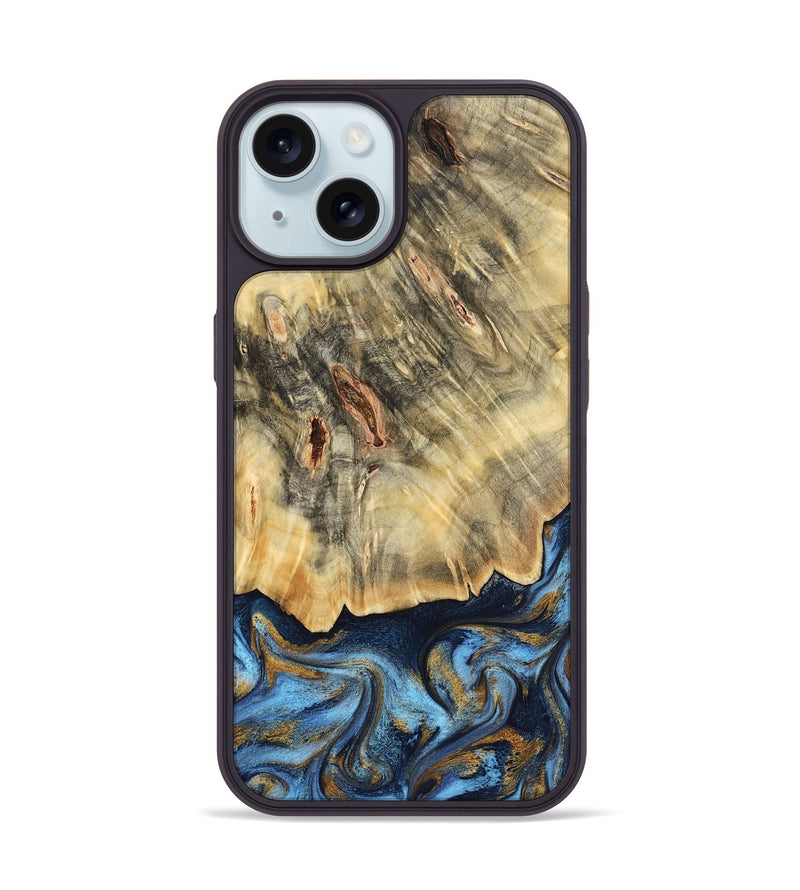 iPhone 15 Wood Phone Case - Mira (Teal & Gold, 787465)