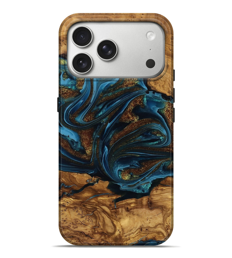 iPhone 17 Pro Max Wood Live Edge Phone Case - Adlai (Teal & Gold, 787751)