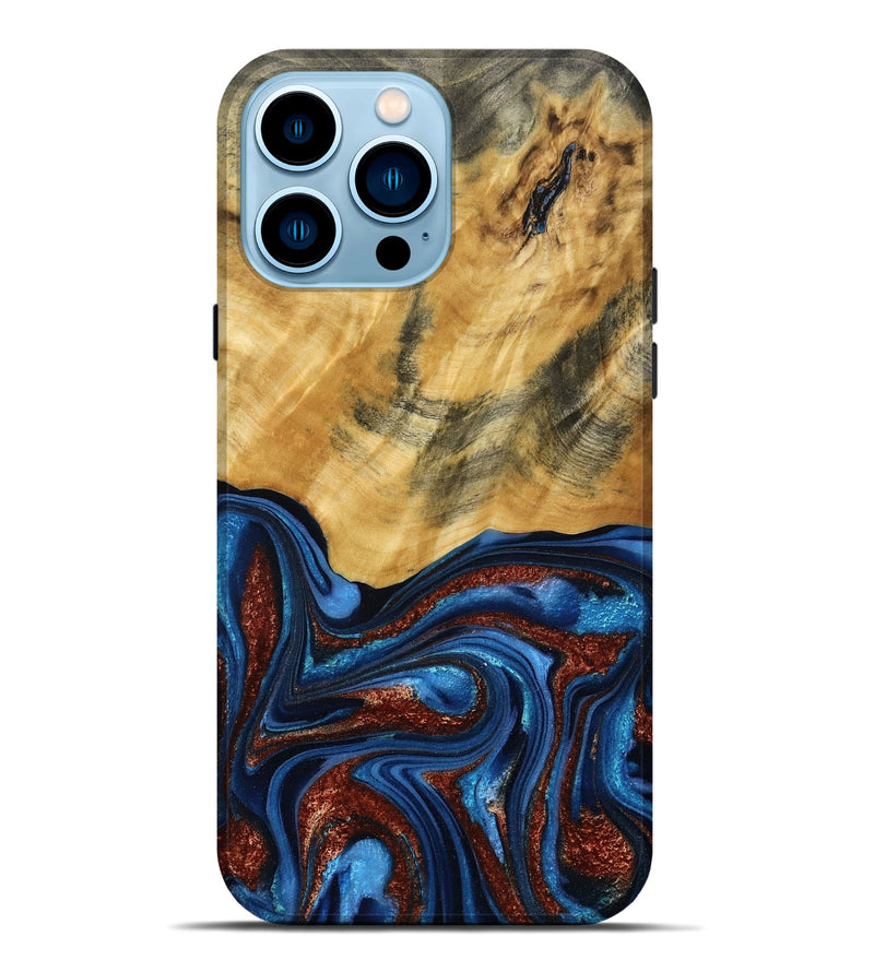 iPhone 14 Pro Max Wood Live Edge Phone Case - Ian (Teal & Gold, 787965)