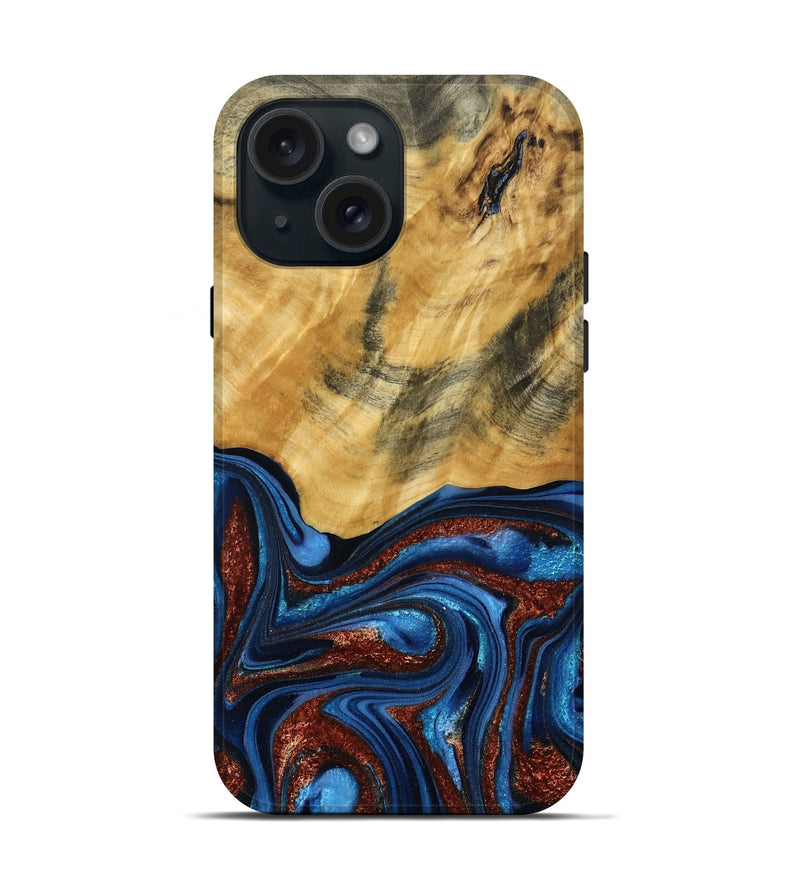 iPhone 15 Wood Live Edge Phone Case - Ian (Teal & Gold, 787965)